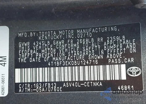 2011 Toyota Camry Le from USA, damaged, VIN 4T1BF3EK0BU124716